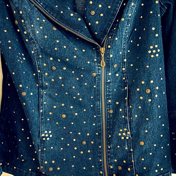DG2 DIANE GILMAN EMBELLISHED DENIM BLUE ZIP MOTTO JACKET WITH ZIP FLARE SLEEVES - Picture 16 of 16